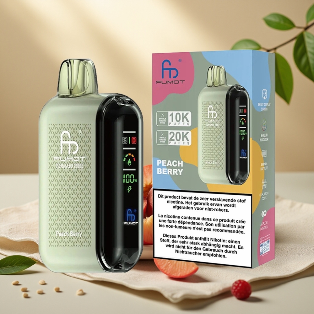 Fumot Tornado 20000 Puffs Broskev Bobule, Dual Mesh, 20ml, 850mAh