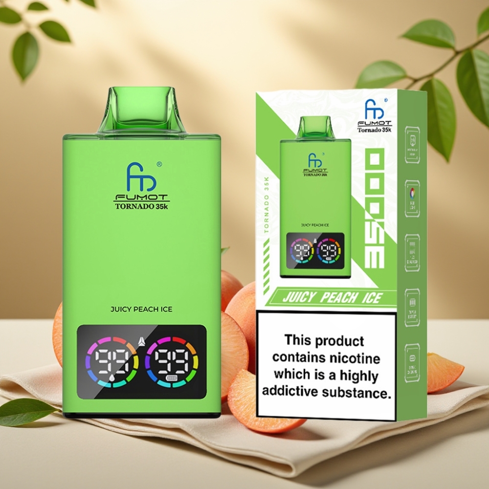 Fumot Tornado 35K Jednorazová E-cigareta Šťavnatá Broskyňa s Ľadom, Dual Mesh Coil, 35000 Ťahov